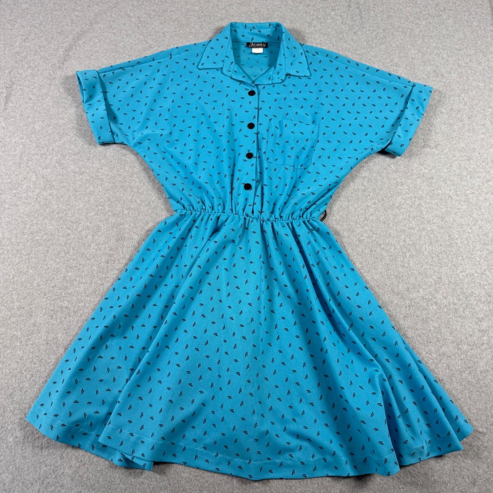 Jenny Vintage 80s Turquoise Blue Abstract Print Button Front Shirt Dress Size 10